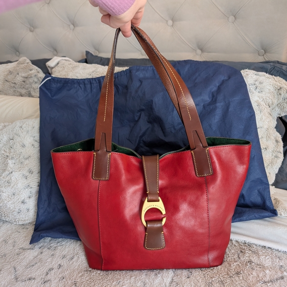 Dooney & Bourke Handbags - Dooney & Bourke Florentine East West Tote Red Leather Brown Trim Shoulder Bag